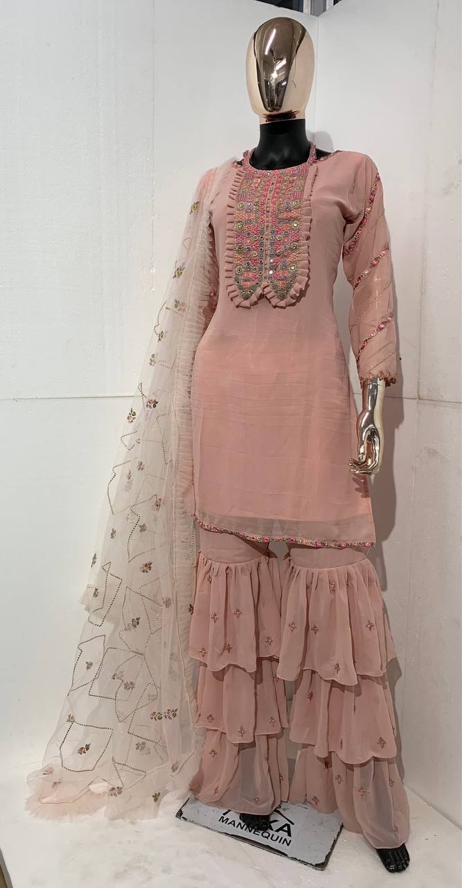 Women's Peach Faux Georgette Stitched Top with Bottom and Dupatta Full Sleeve Embroidered Straight Kurta
