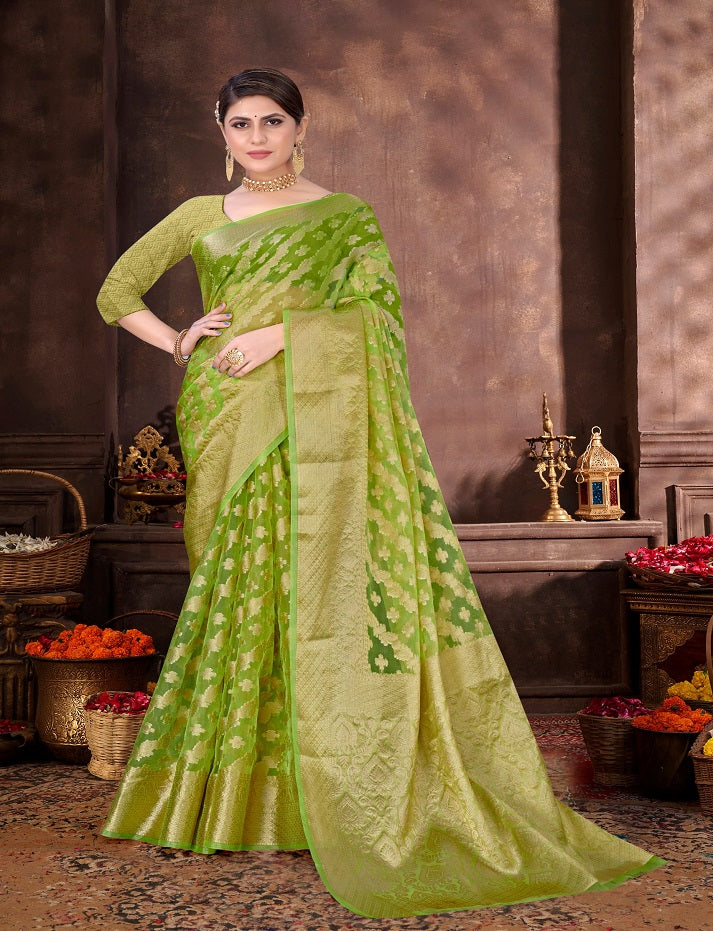 Beautiful Weaving work Pure Soft Oranza Silk Saree With Real Zari Broket Blouse Piece