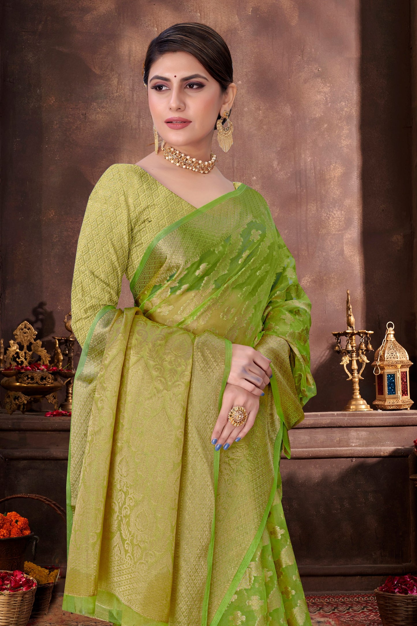 Beautiful Weaving work Pure Soft Oranza Silk Saree With Real Zari Broket Blouse Piece