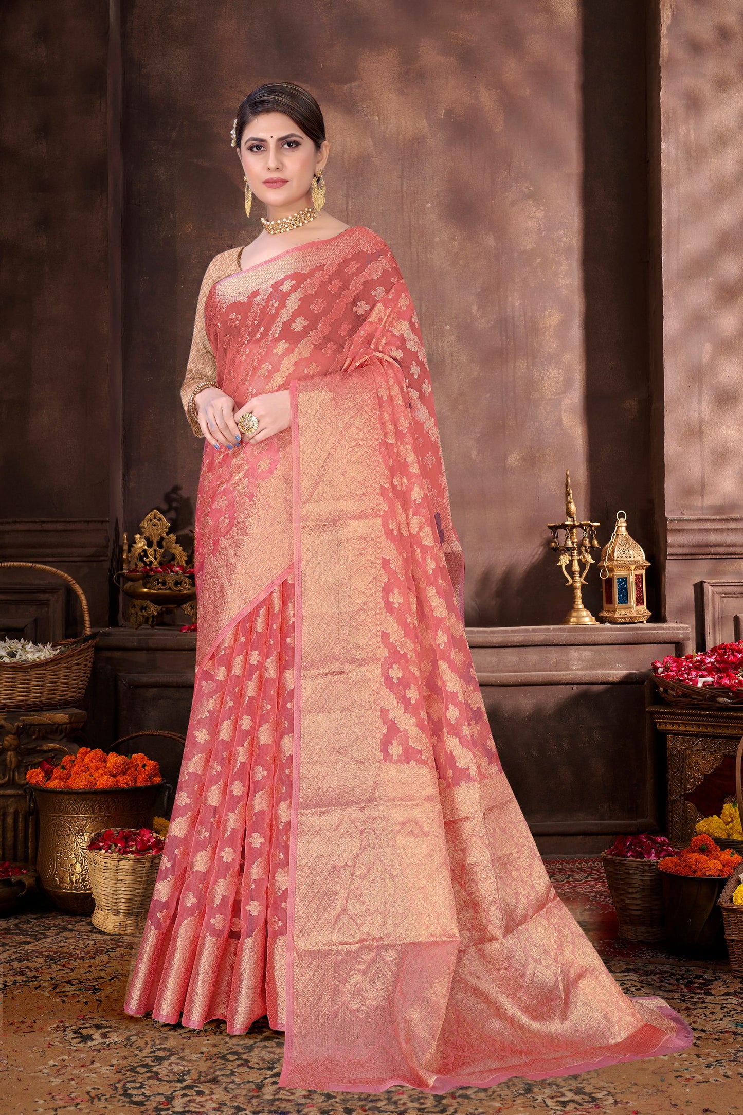 Beautiful Weaving work Pure Soft Oranza Silk Saree With Real Zari Broket Blouse Piece