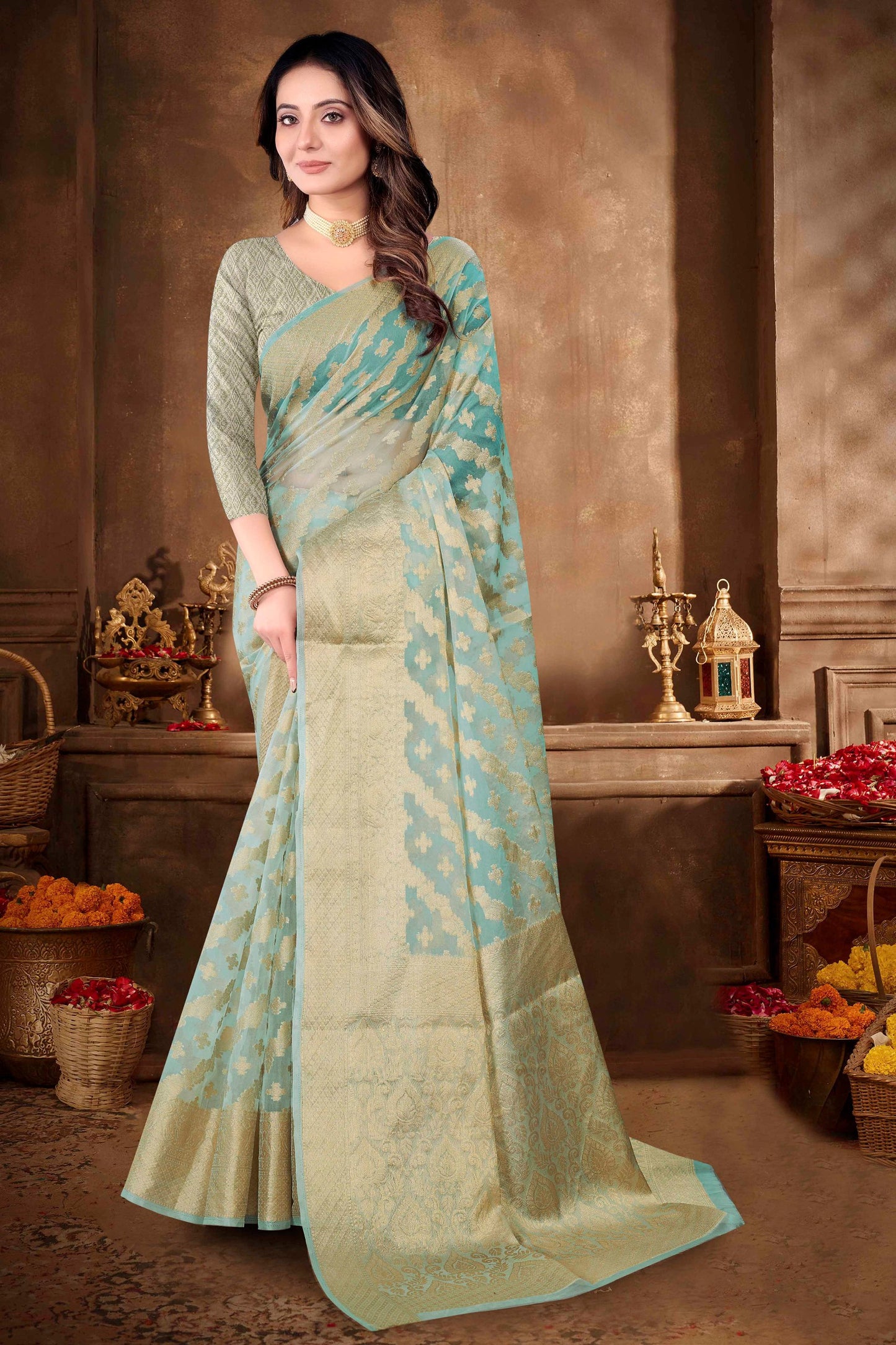 Beautiful Weaving work Pure Soft Oranza Silk Saree With Real Zari Broket Blouse Piece