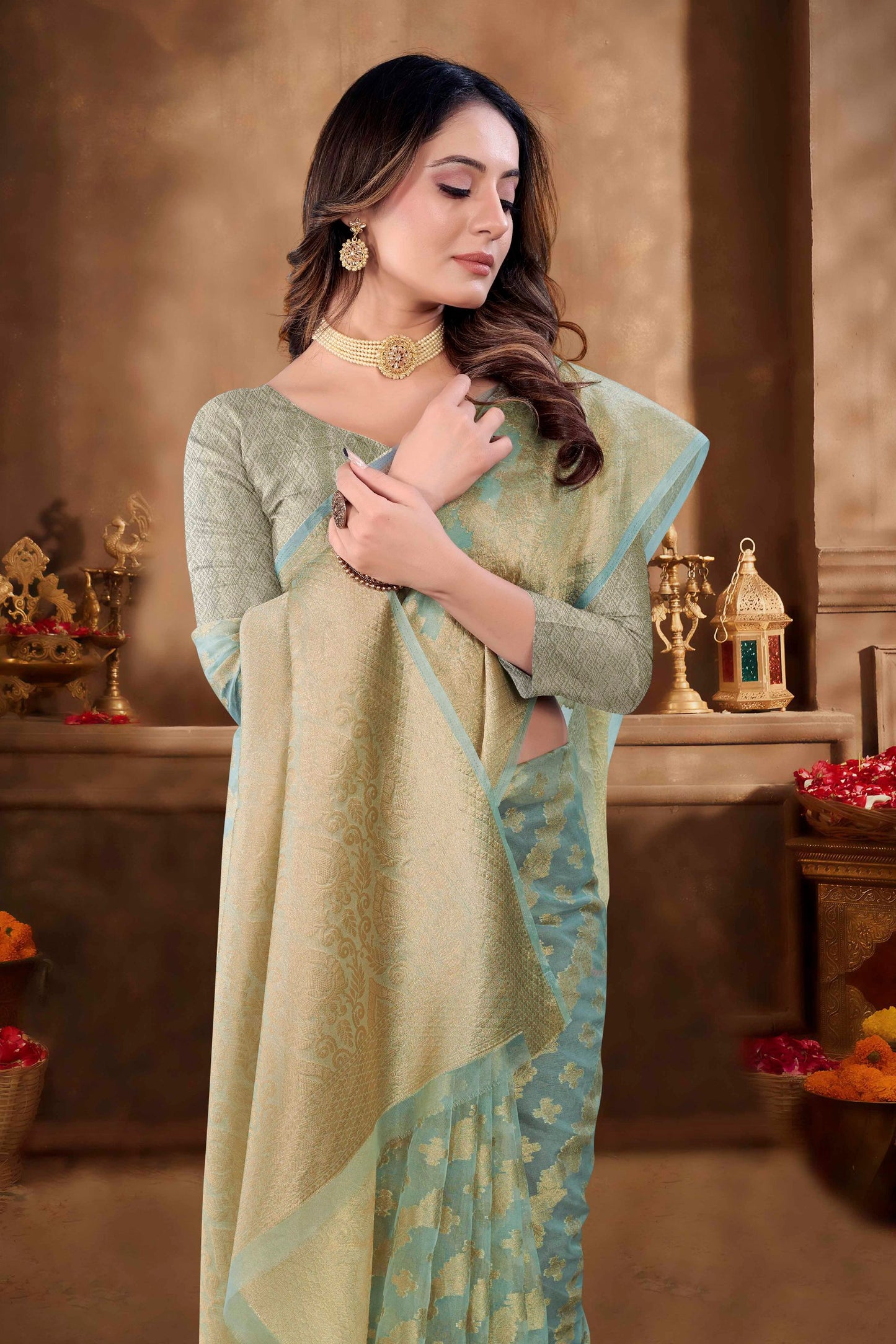 Beautiful Weaving work Pure Soft Oranza Silk Saree With Real Zari Broket Blouse Piece
