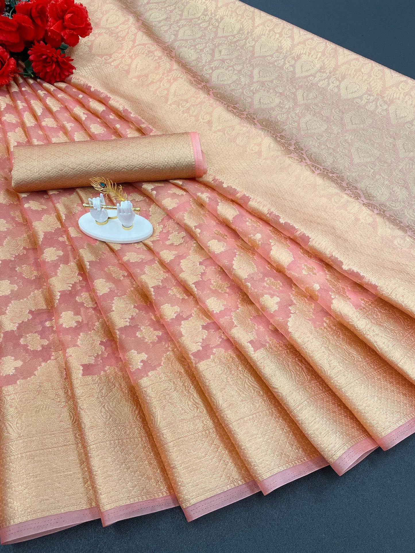 Beautiful Weaving work Pure Soft Oranza Silk Saree With Real Zari Broket Blouse Piece
