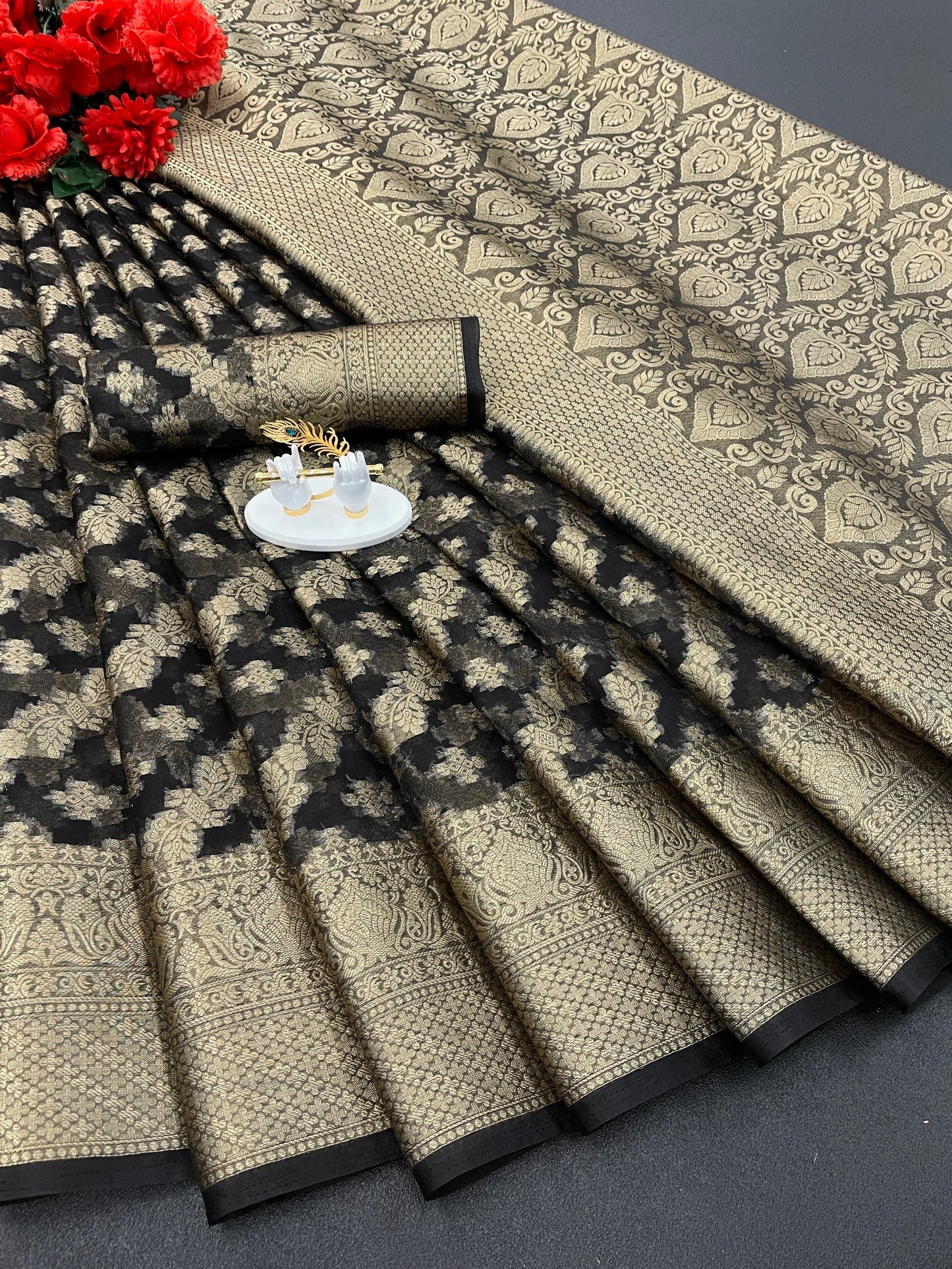 Beautiful Weaving work Pure Soft Oranza Silk Saree With Real Zari Broket Blouse Piece