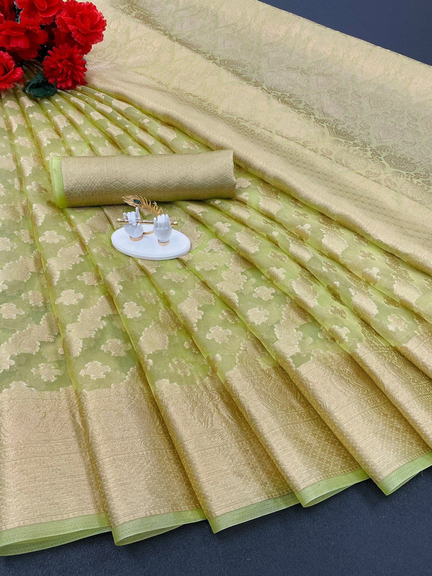 Beautiful Weaving work Pure Soft Oranza Silk Saree With Real Zari Broket Blouse Piece