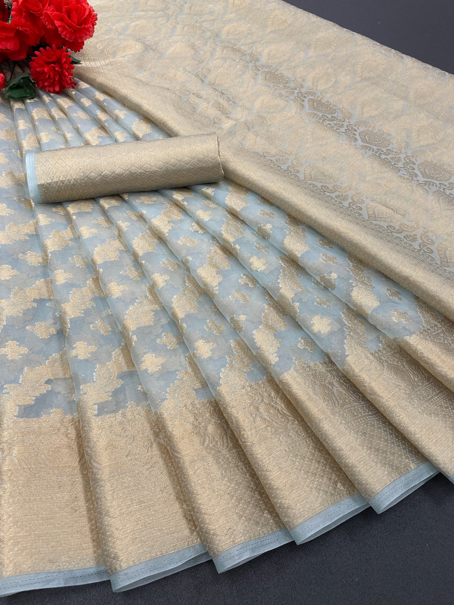 Beautiful Weaving work Pure Soft Oranza Silk Saree With Real Zari Broket Blouse Piece