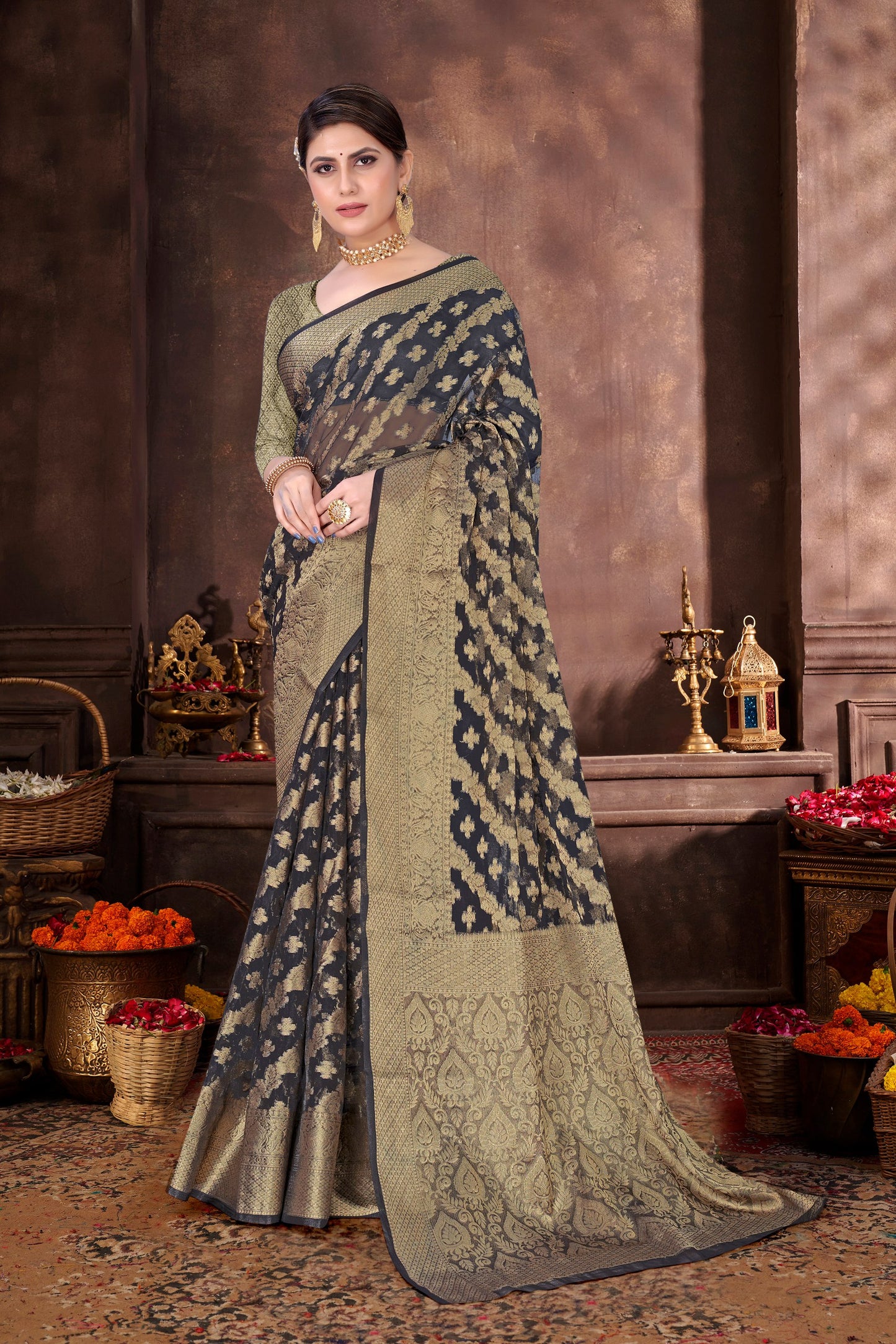 Beautiful Weaving work Pure Soft Oranza Silk Saree With Real Zari Broket Blouse Piece