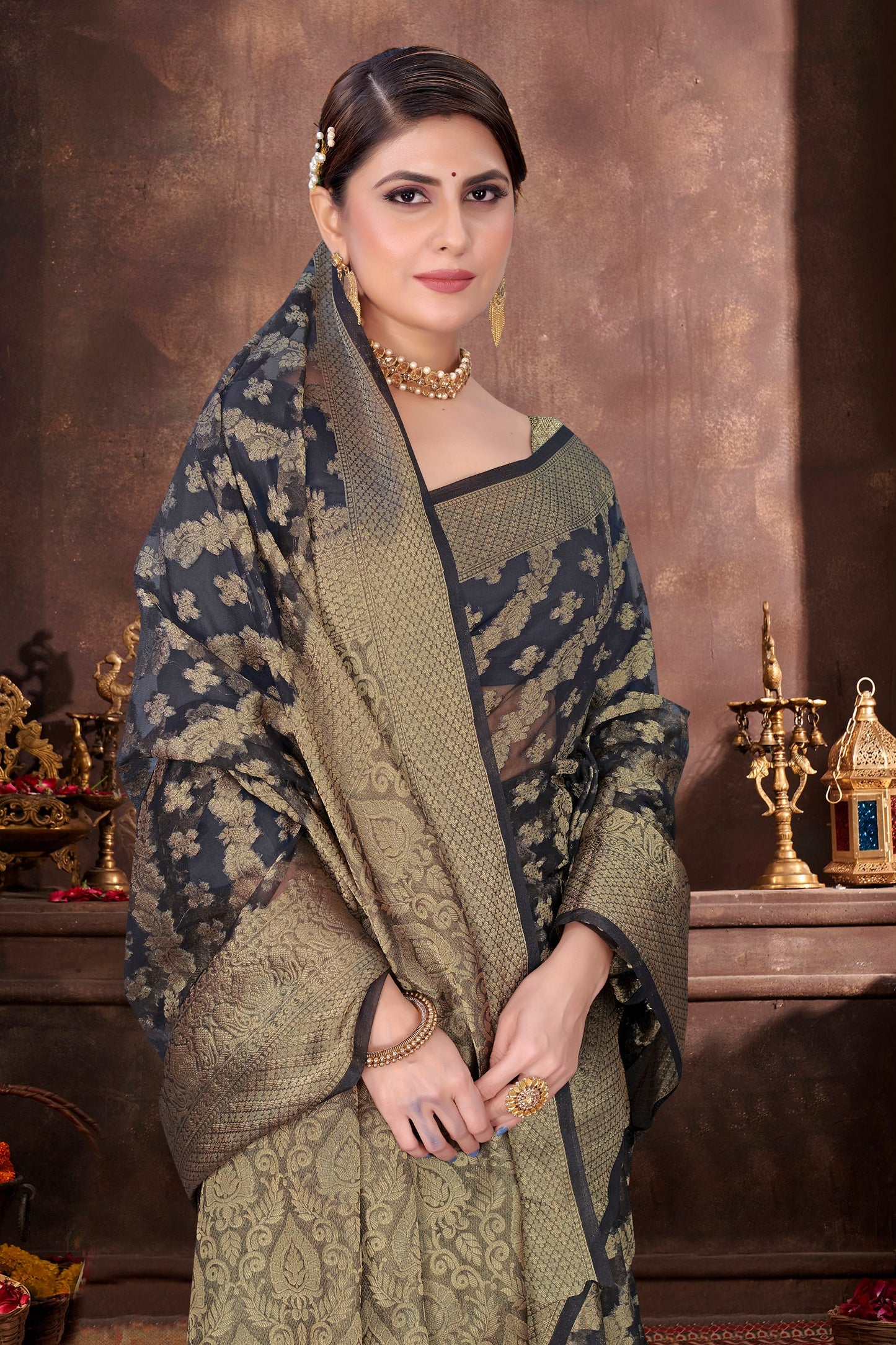 Beautiful Weaving work Pure Soft Oranza Silk Saree With Real Zari Broket Blouse Piece