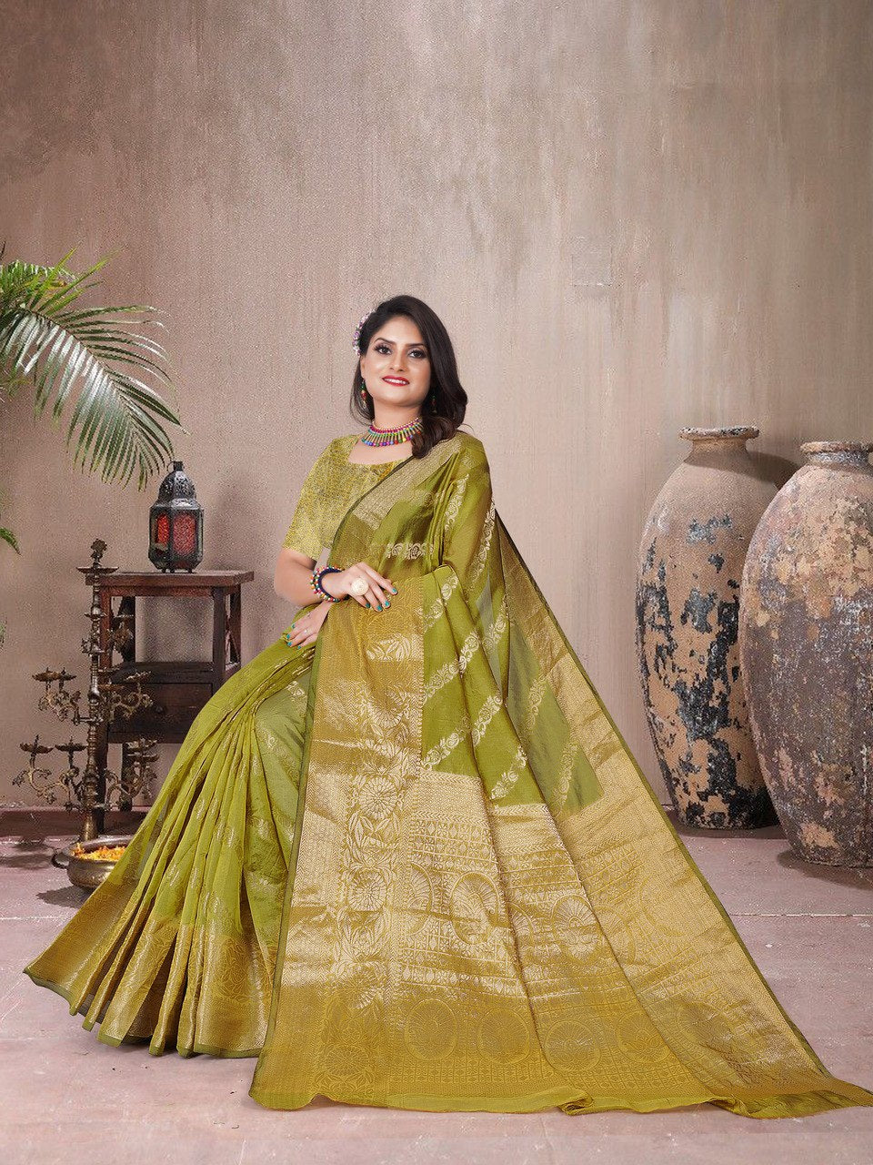Beautiful Weaving work Pure Soft Oranza Silk Saree With Real Zari Broket Blouse Piece