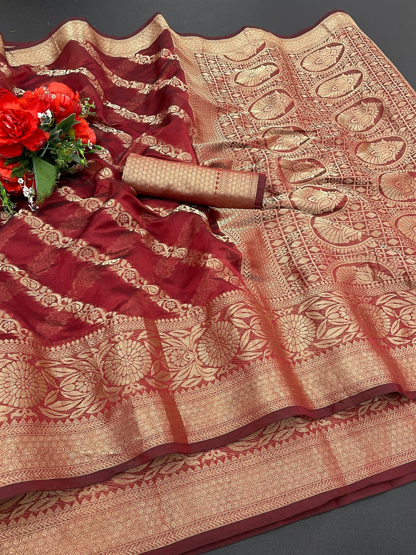 Beautiful Weaving work Pure Soft Oranza Silk Saree With Real Zari Broket Blouse Piece