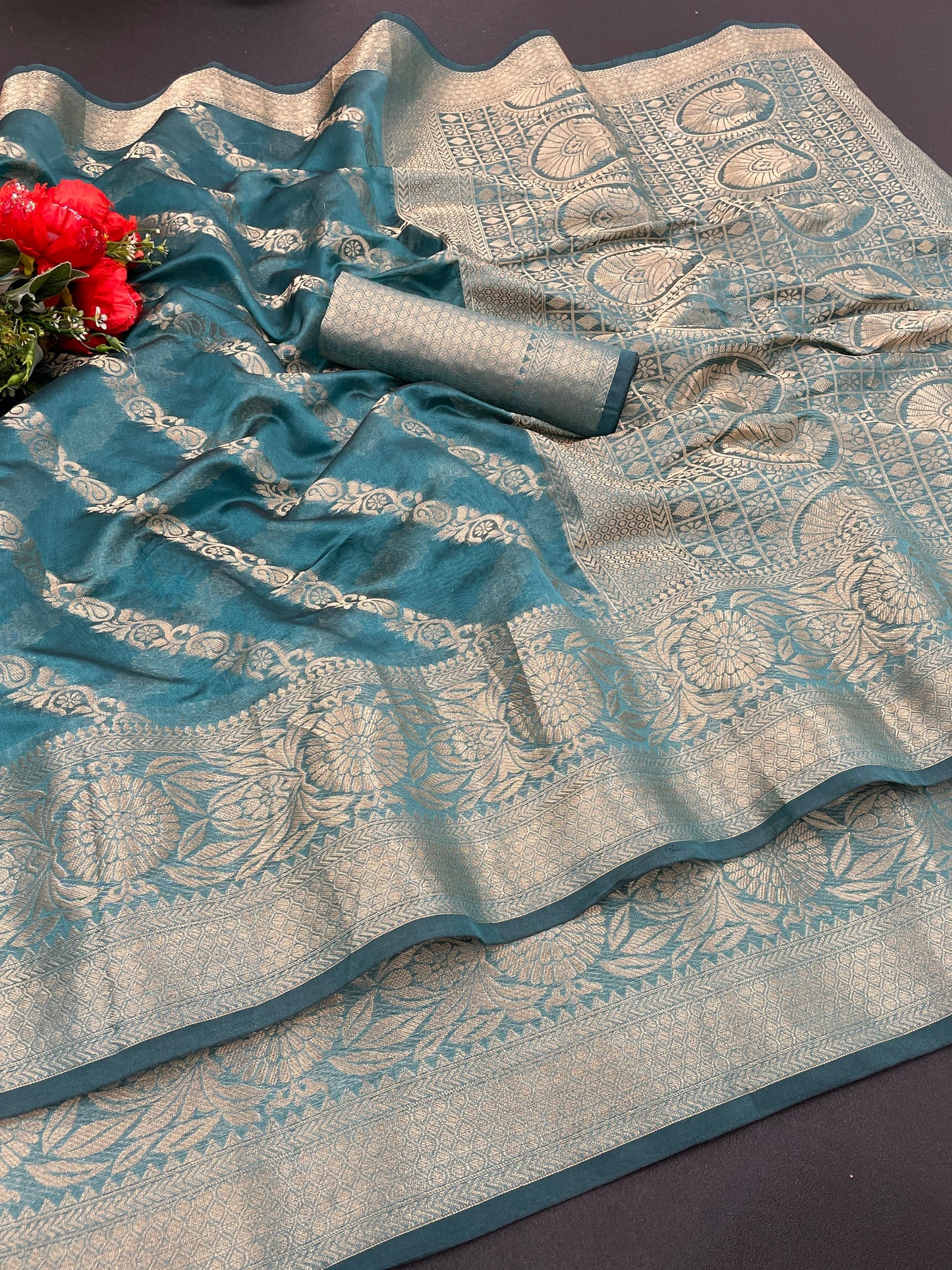 Beautiful Weaving work Pure Soft Oranza Silk Saree With Real Zari Broket Blouse Piece