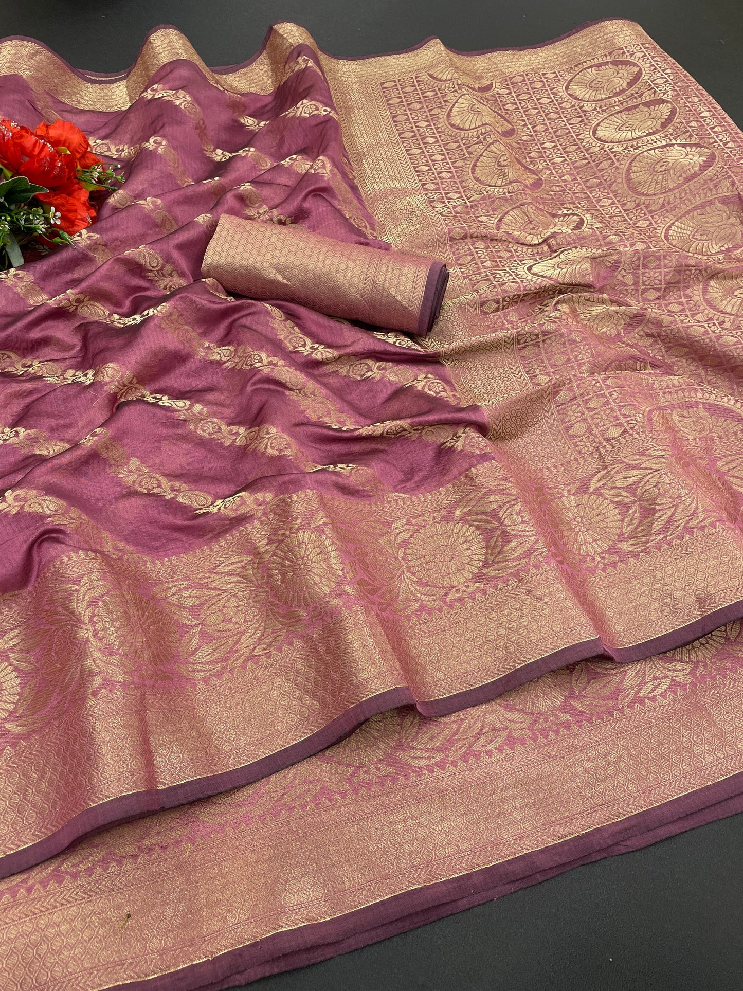 Beautiful Weaving work Pure Soft Oranza Silk Saree With Real Zari Broket Blouse Piece