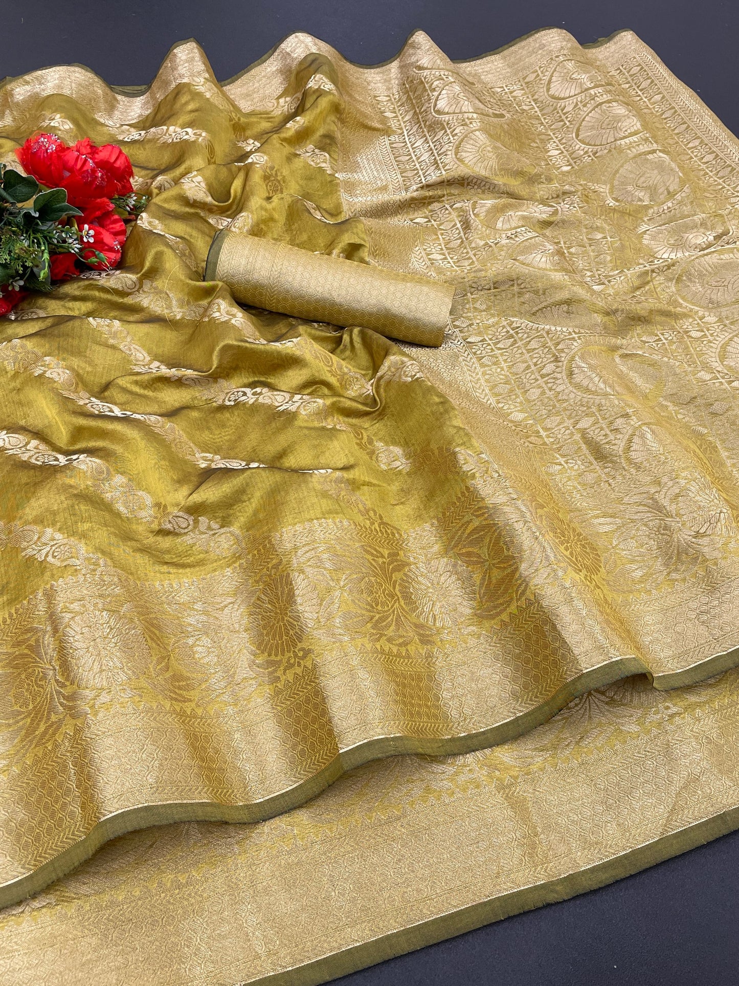 Beautiful Weaving work Pure Soft Oranza Silk Saree With Real Zari Broket Blouse Piece