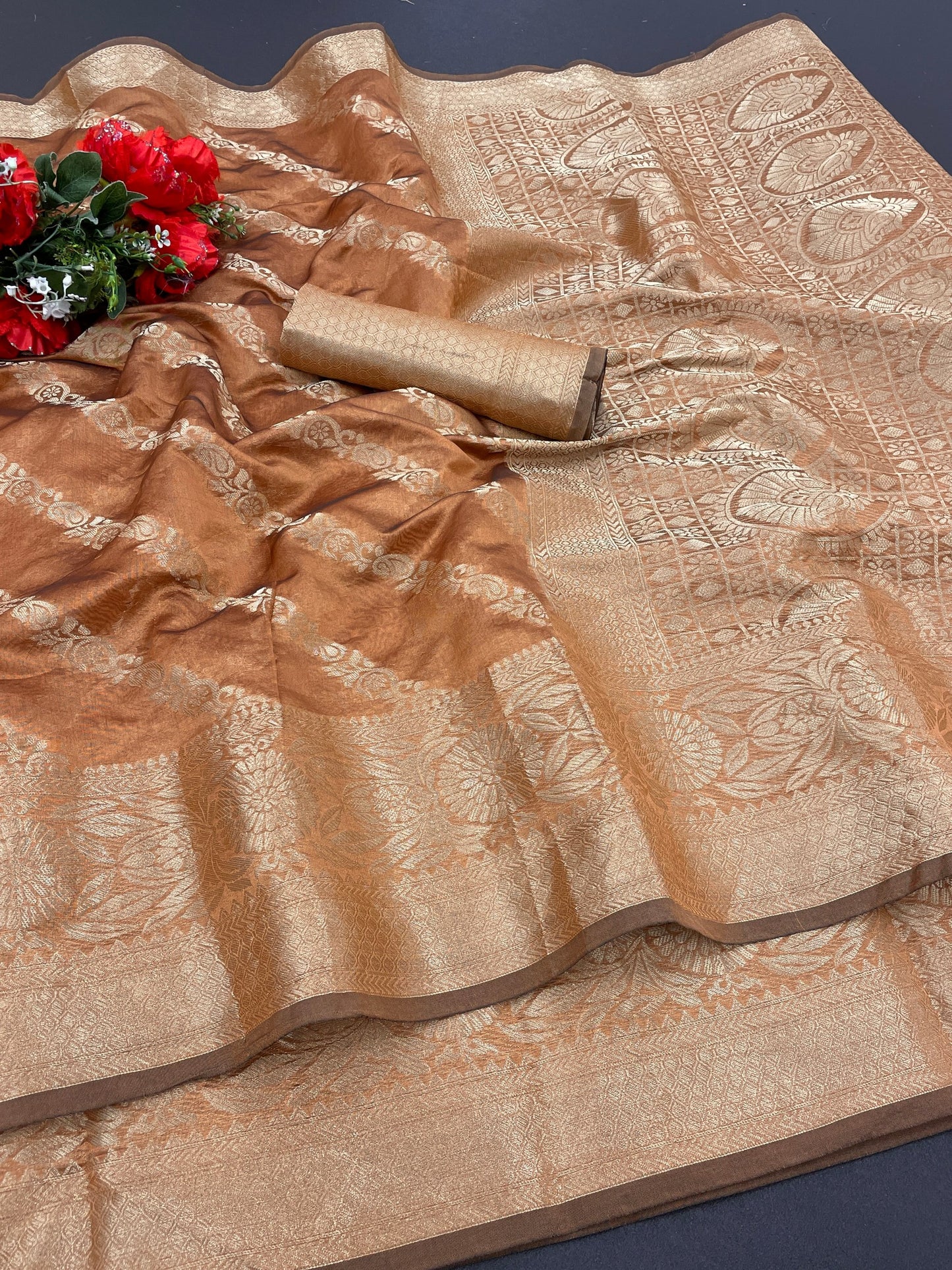 Beautiful Weaving work Pure Soft Oranza Silk Saree With Real Zari Broket Blouse Piece