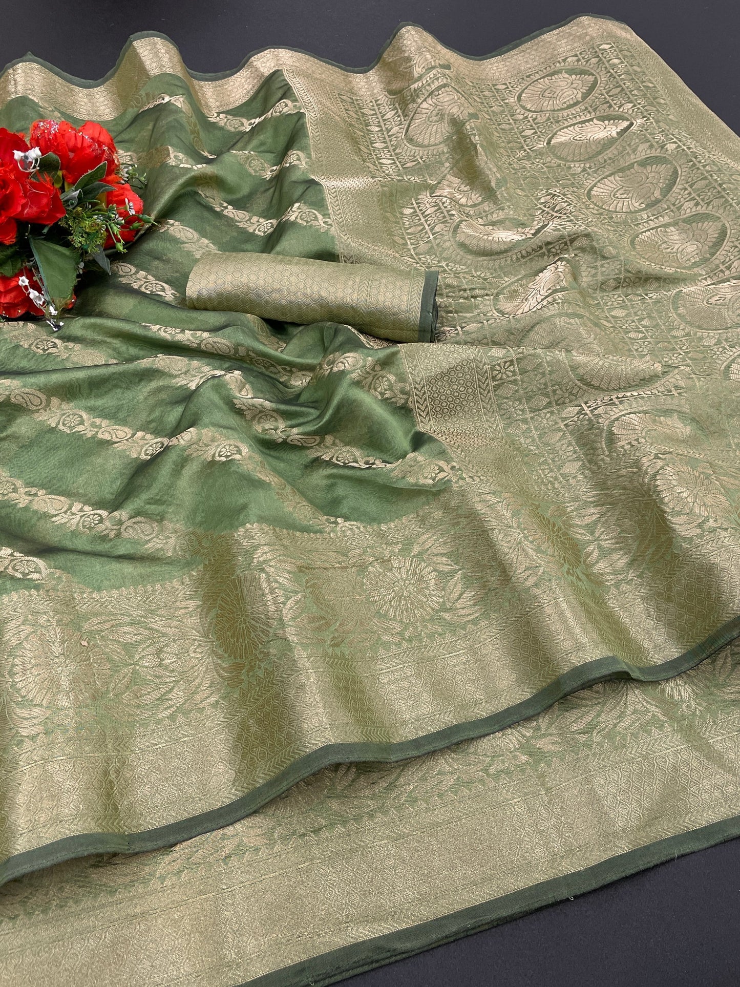 Beautiful Weaving work Pure Soft Oranza Silk Saree With Real Zari Broket Blouse Piece