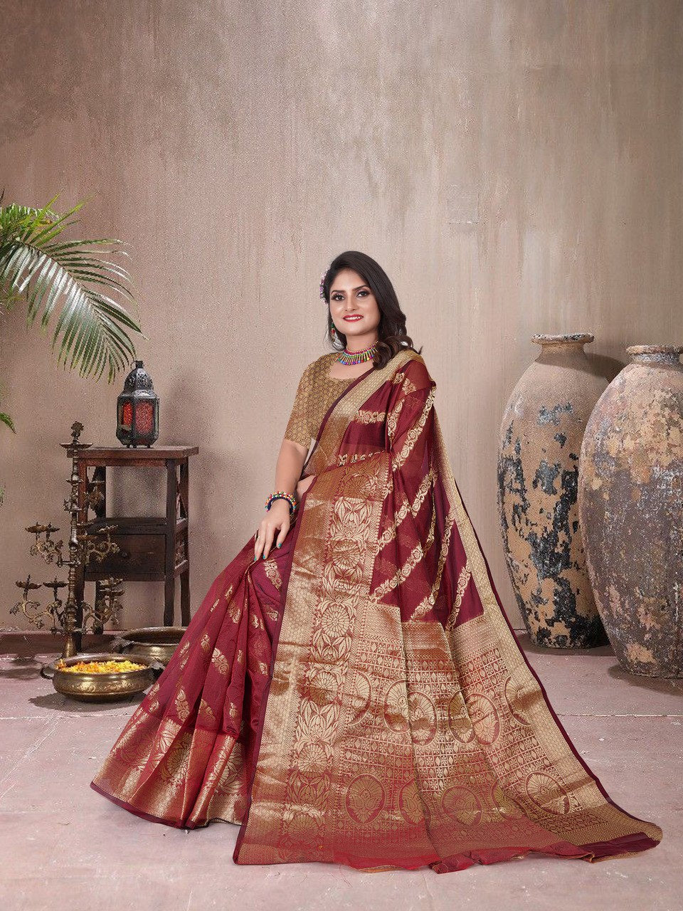 Beautiful Weaving work Pure Soft Oranza Silk Saree With Real Zari Broket Blouse Piece