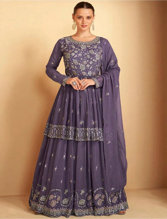 lavender Indian/Pakistani Plazzo Style Faux Georgette Material Embroidery Worked Salwar Kameez for Women