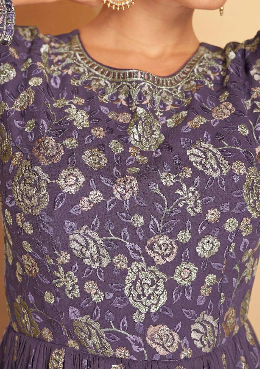 lavender Indian/Pakistani Plazzo Style Faux Georgette Material Embroidery Worked Salwar Kameez for Women