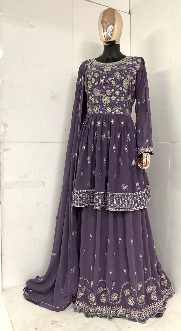 lavender Indian/Pakistani Plazzo Style Faux Georgette Material Embroidery Worked Salwar Kameez for Women