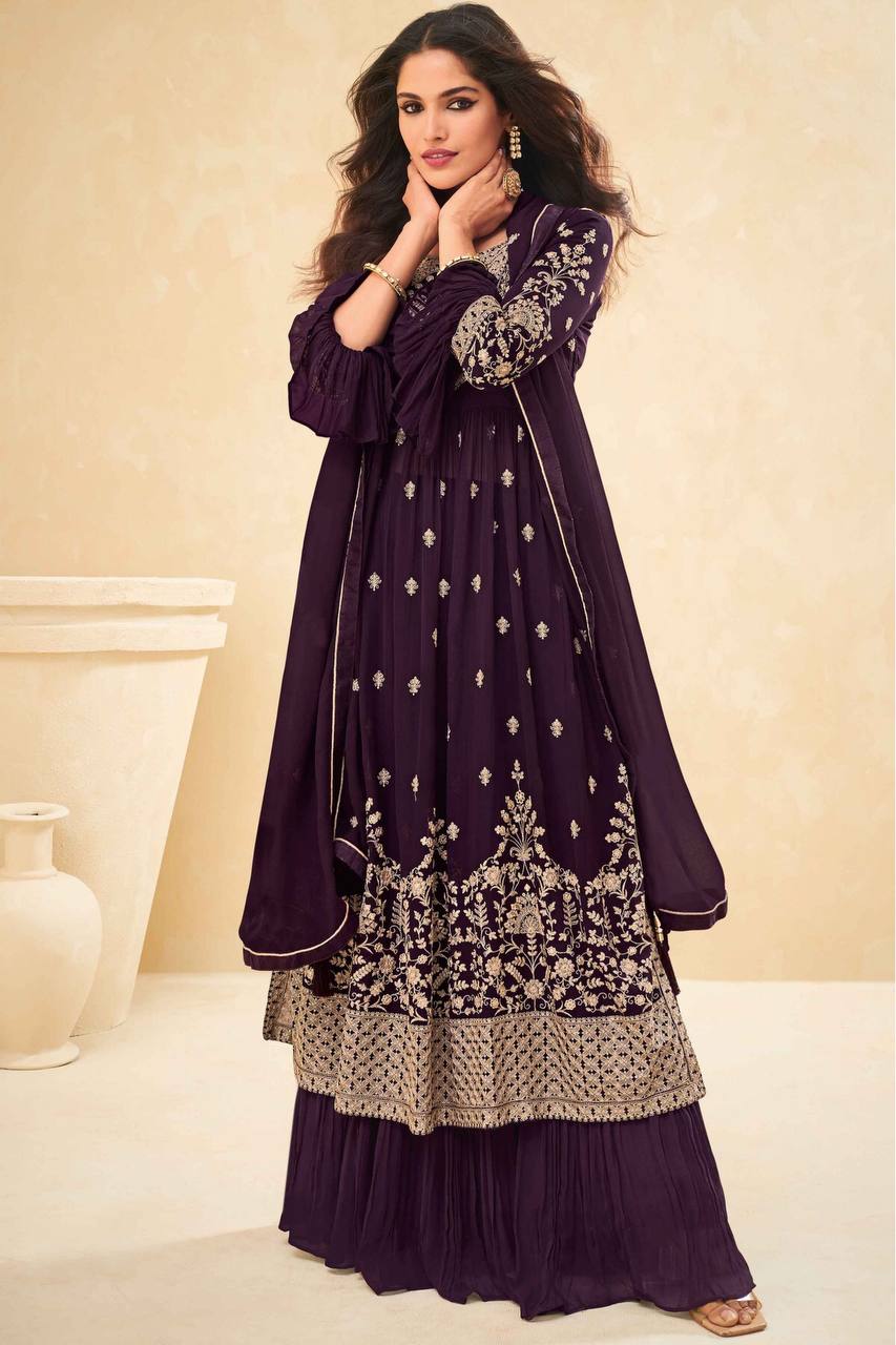 Purple Anarkali Net Salwar Suit Gown for women readymade embroidered gown Frock Style Palazzo Suit semi-stitched Palazzo Suit for women
