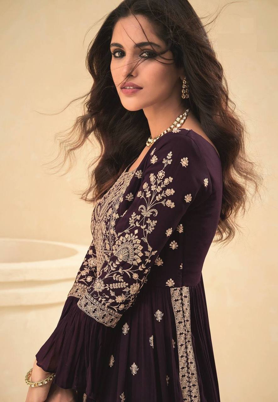 Purple Anarkali Net Salwar Suit Gown for women readymade embroidered gown Frock Style Palazzo Suit semi-stitched Palazzo Suit for women