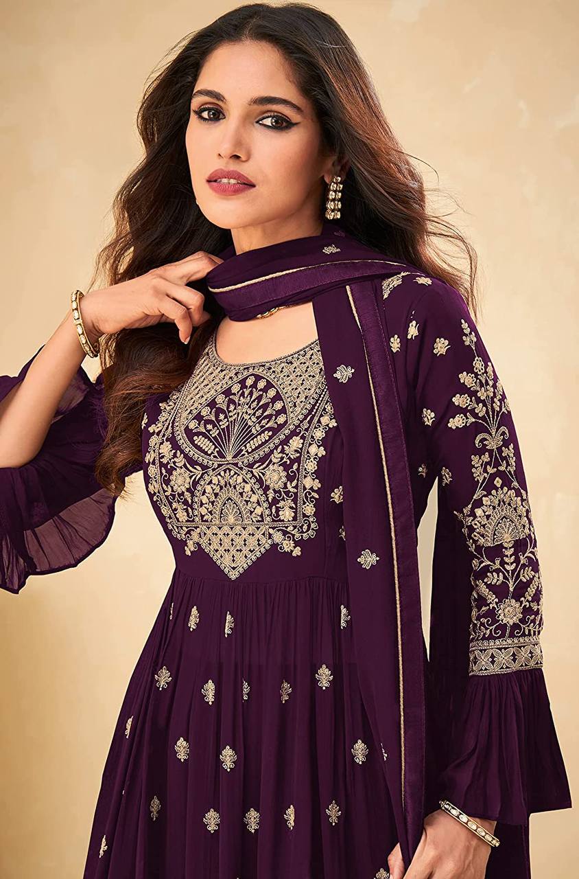Purple Anarkali Net Salwar Suit Gown for women readymade embroidered gown Frock Style Palazzo Suit semi-stitched Palazzo Suit for women