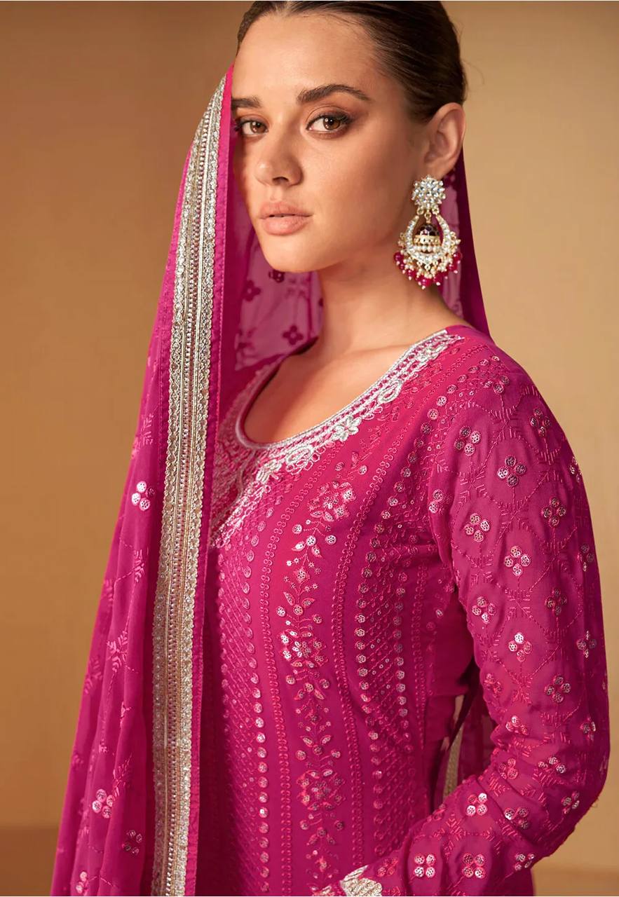 Red Women's Faux Georgette Stitched Top with Bottom and Dupatta Full Sleeve Embroidered Straight Kurta