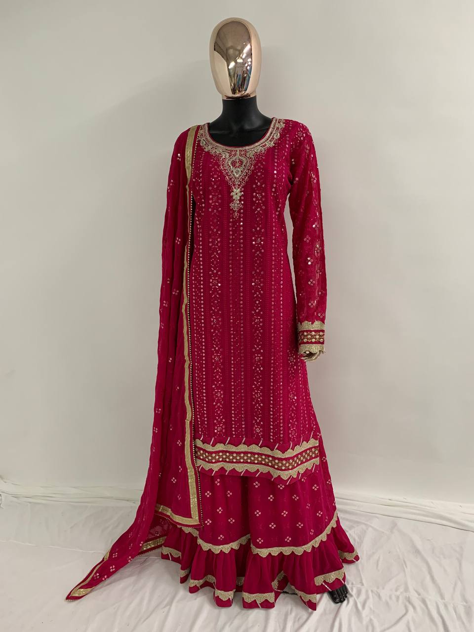 Red Women's Faux Georgette Stitched Top with Bottom and Dupatta Full Sleeve Embroidered Straight Kurta