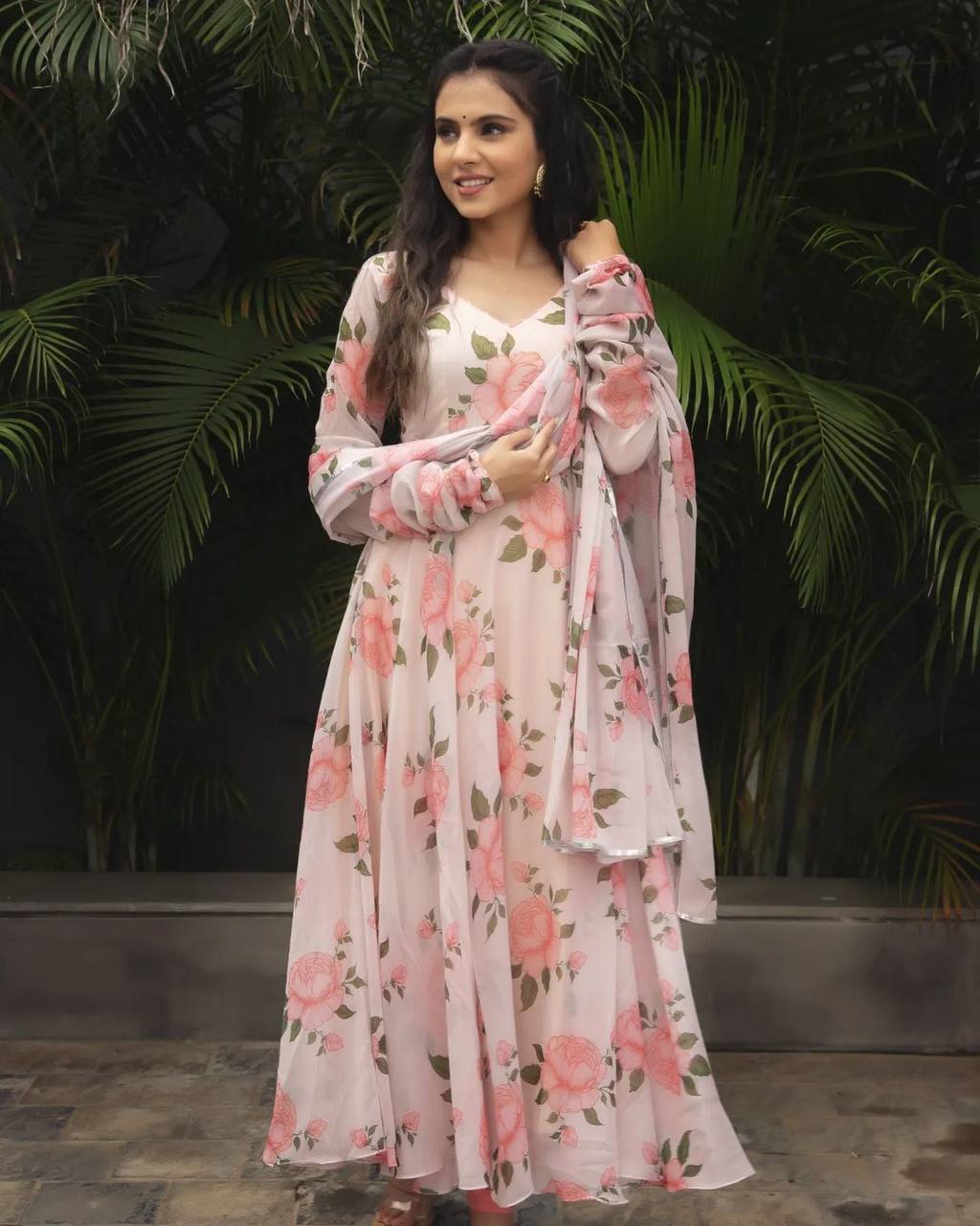 Pretty Cream Color Pure Soft Faux Georgette Floral Print Anarkali Gown Pent With Dupatta