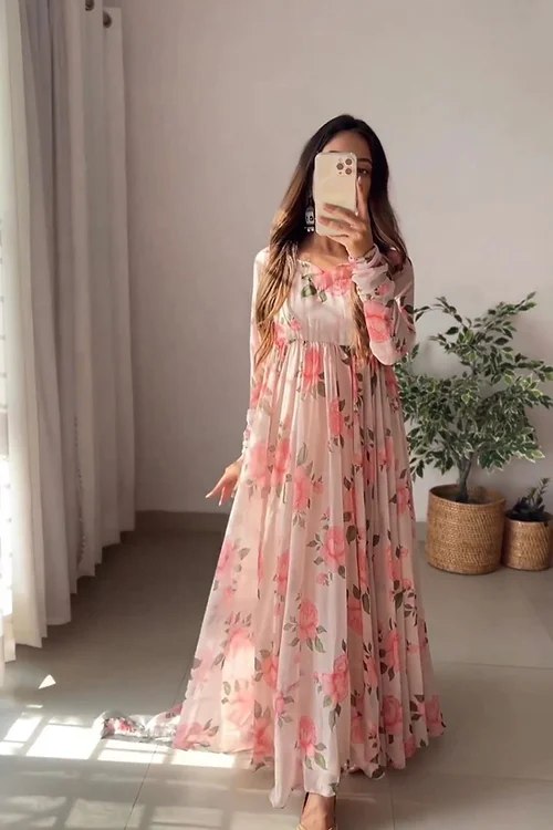 Pretty Cream Color Pure Soft Faux Georgette Floral Print Anarkali Gown Pent With Dupatta