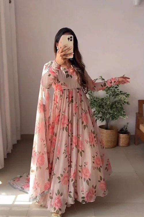 Pretty Cream Color Pure Soft Faux Georgette Floral Print Anarkali Gown Pent With Dupatta