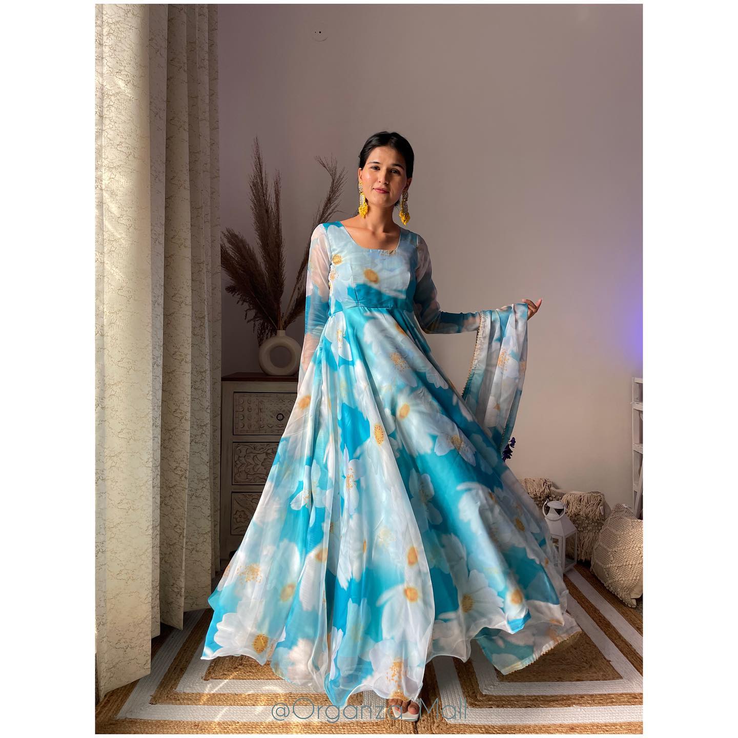 Aqua Blue Women's Digital Floral Printed Ethnic Wear Pure Organza Anarkali Set