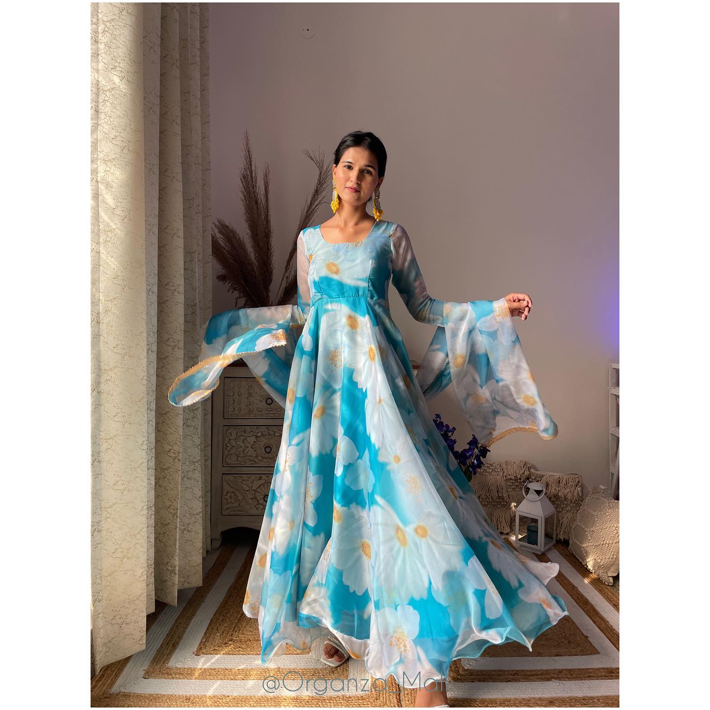Aqua Blue Women's Digital Floral Printed Ethnic Wear Pure Organza Anarkali Set