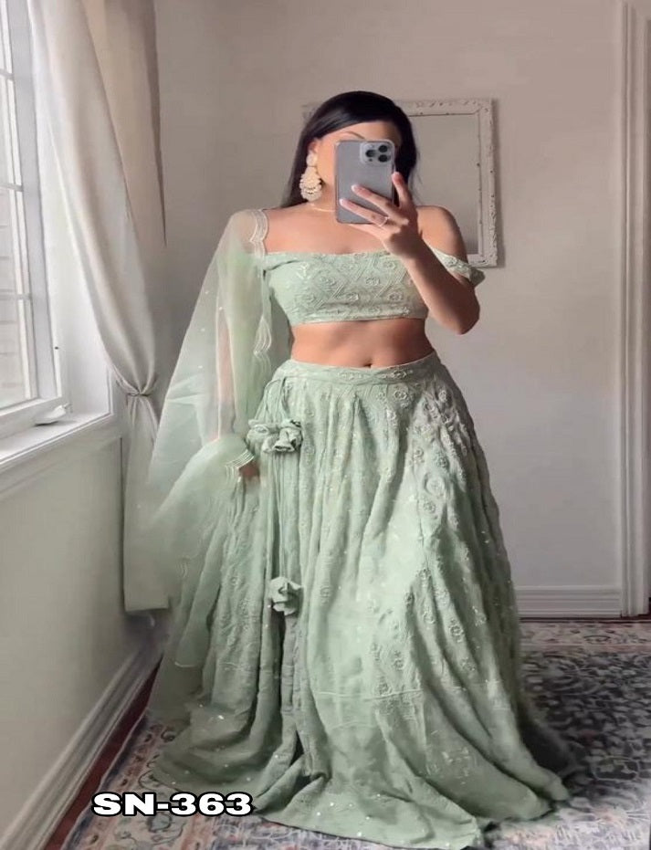 Designer Pista Color Georgette Wedding Wear Embroidery Sequence Work Lehenga Choli With Dupatta