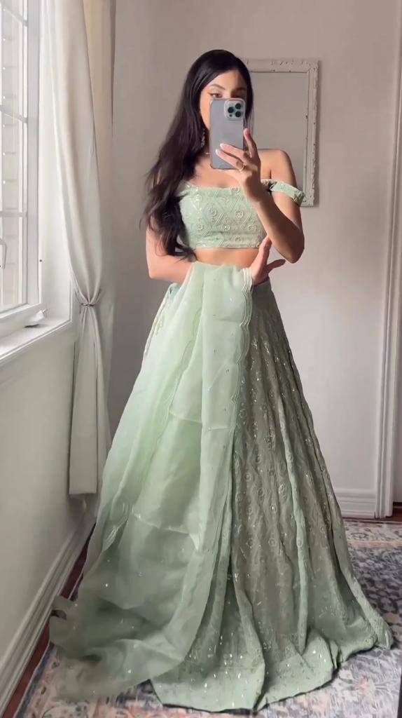Designer Pista Color Georgette Wedding Wear Embroidery Sequence Work Lehenga Choli With Dupatta