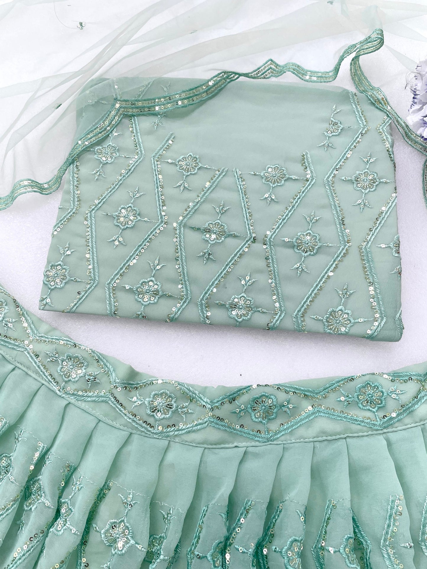 Designer Pista Color Georgette Wedding Wear Embroidery Sequence Work Lehenga Choli With Dupatta