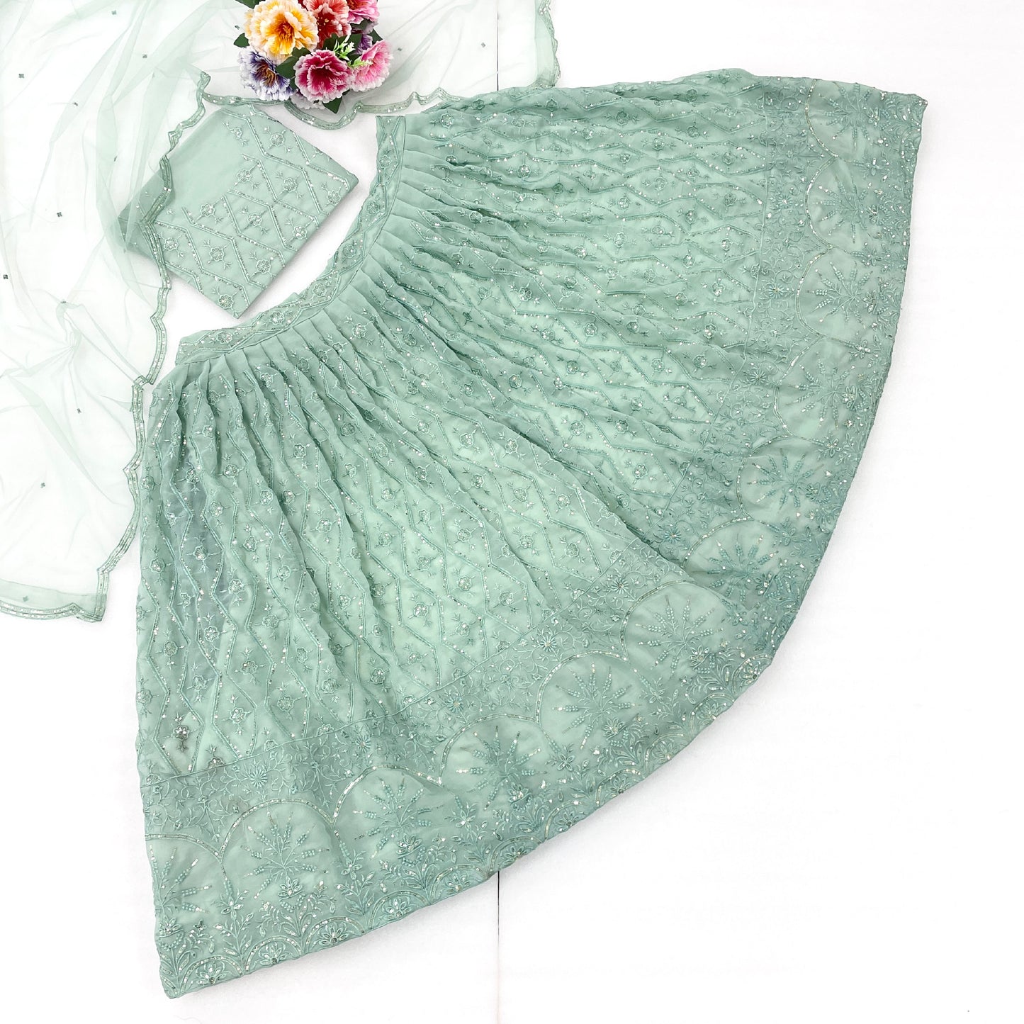 Designer Pista Color Georgette Wedding Wear Embroidery Sequence Work Lehenga Choli With Dupatta