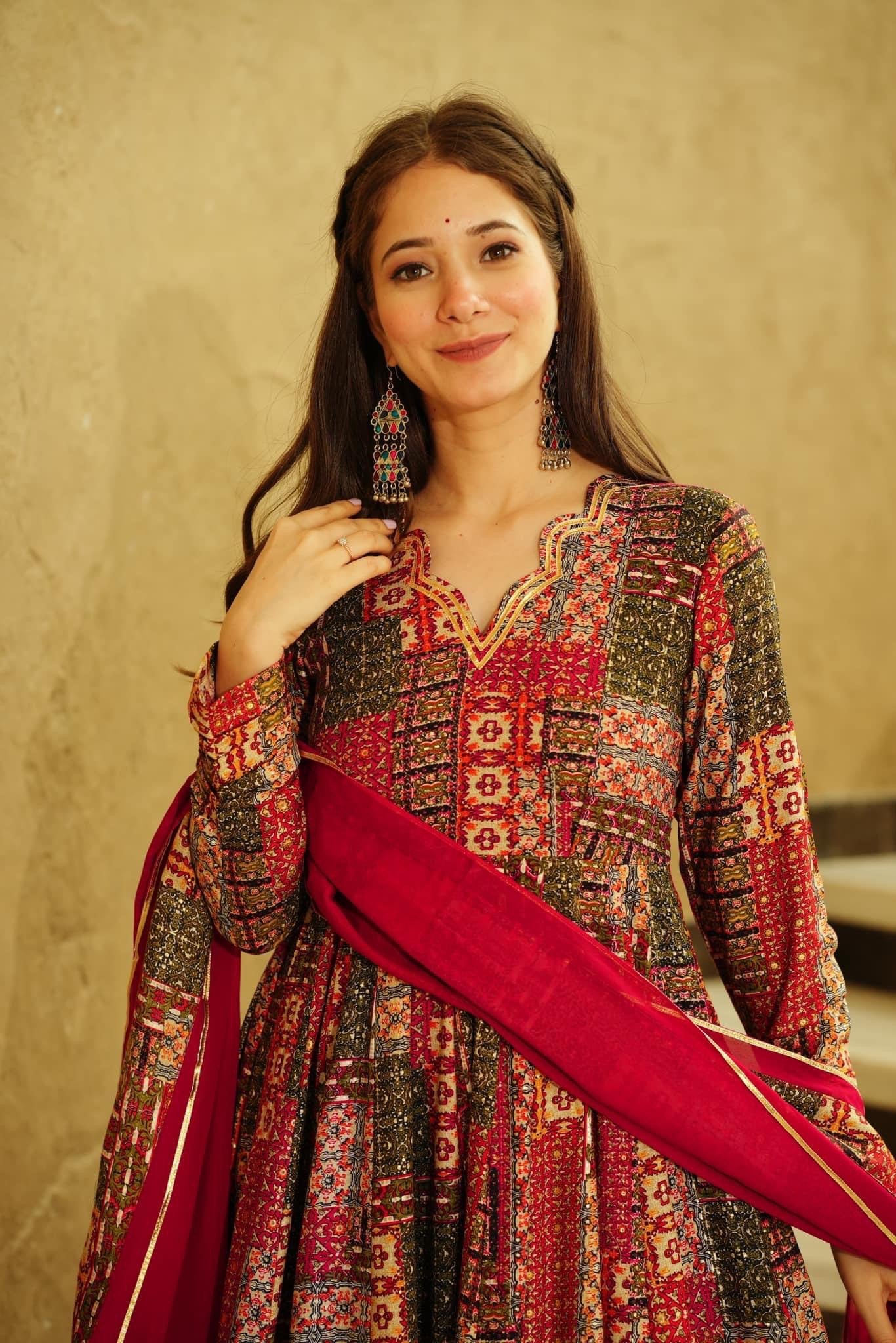 Beautiful Red Colour Heavy Maslin Cotton Digital Print With Gota Patti Lase Work Gown With Dupatta