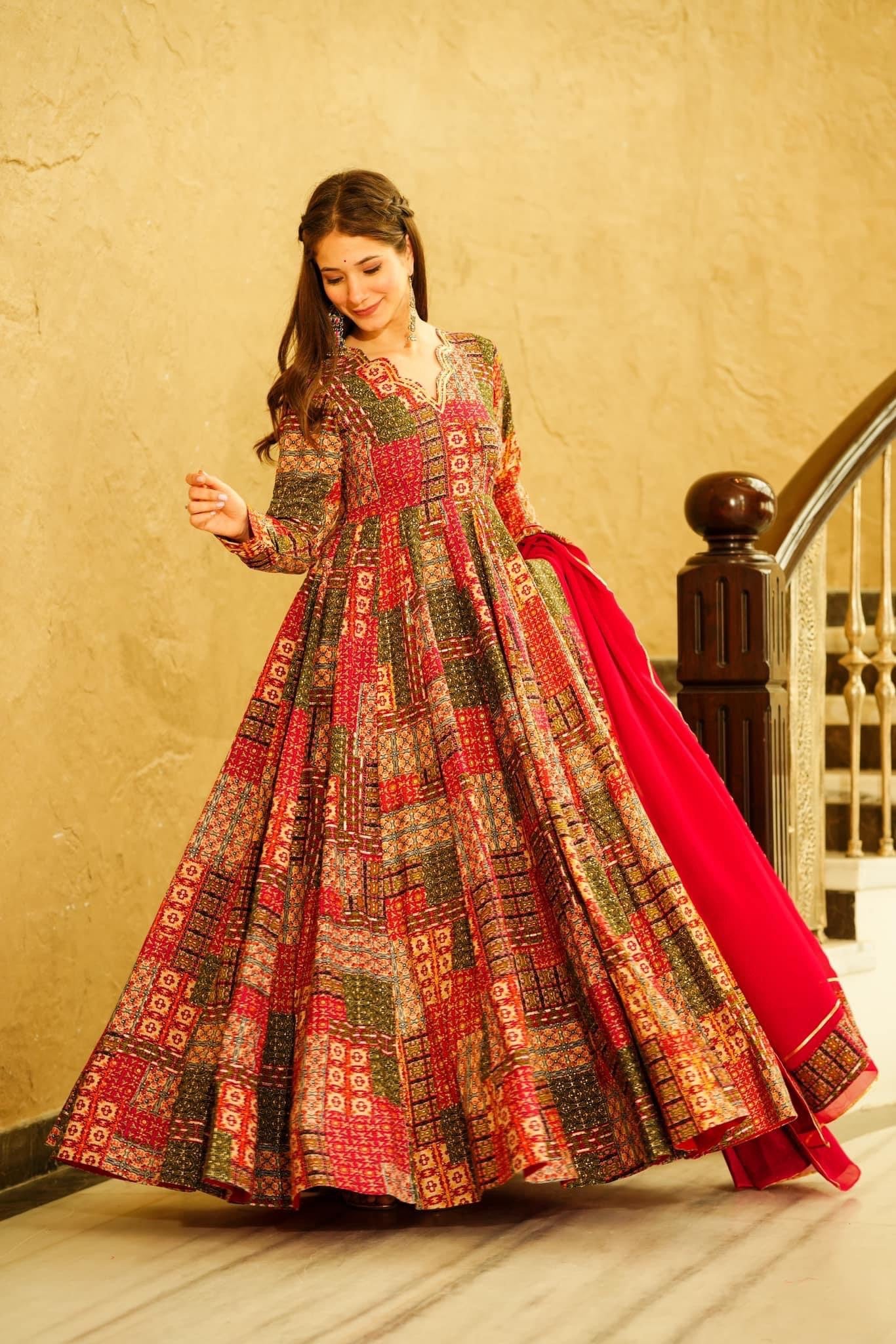 Beautiful Red Colour Heavy Maslin Cotton Digital Print With Gota Patti Lase Work Gown With Dupatta