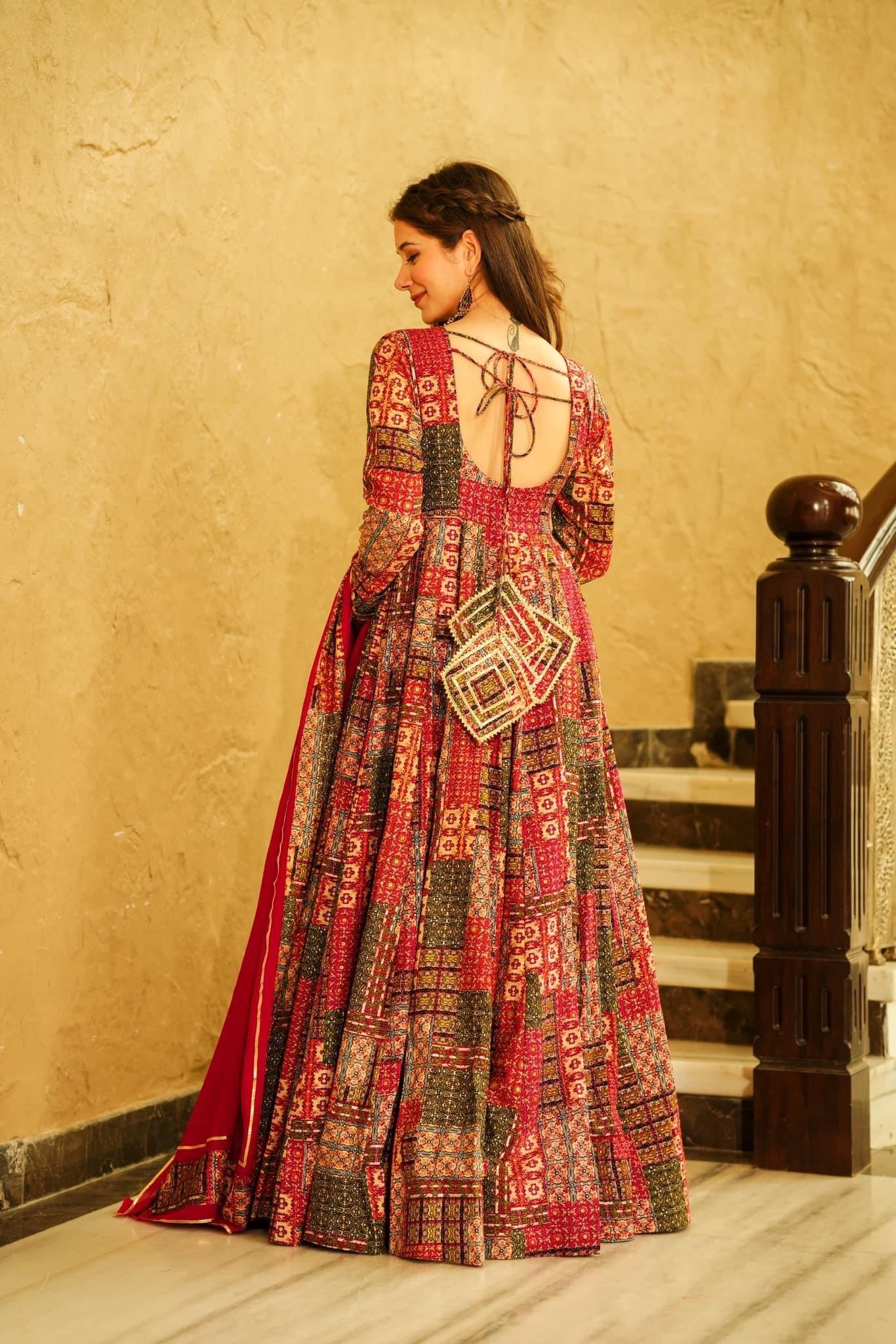 Beautiful Red Colour Heavy Maslin Cotton Digital Print With Gota Patti Lase Work Gown With Dupatta