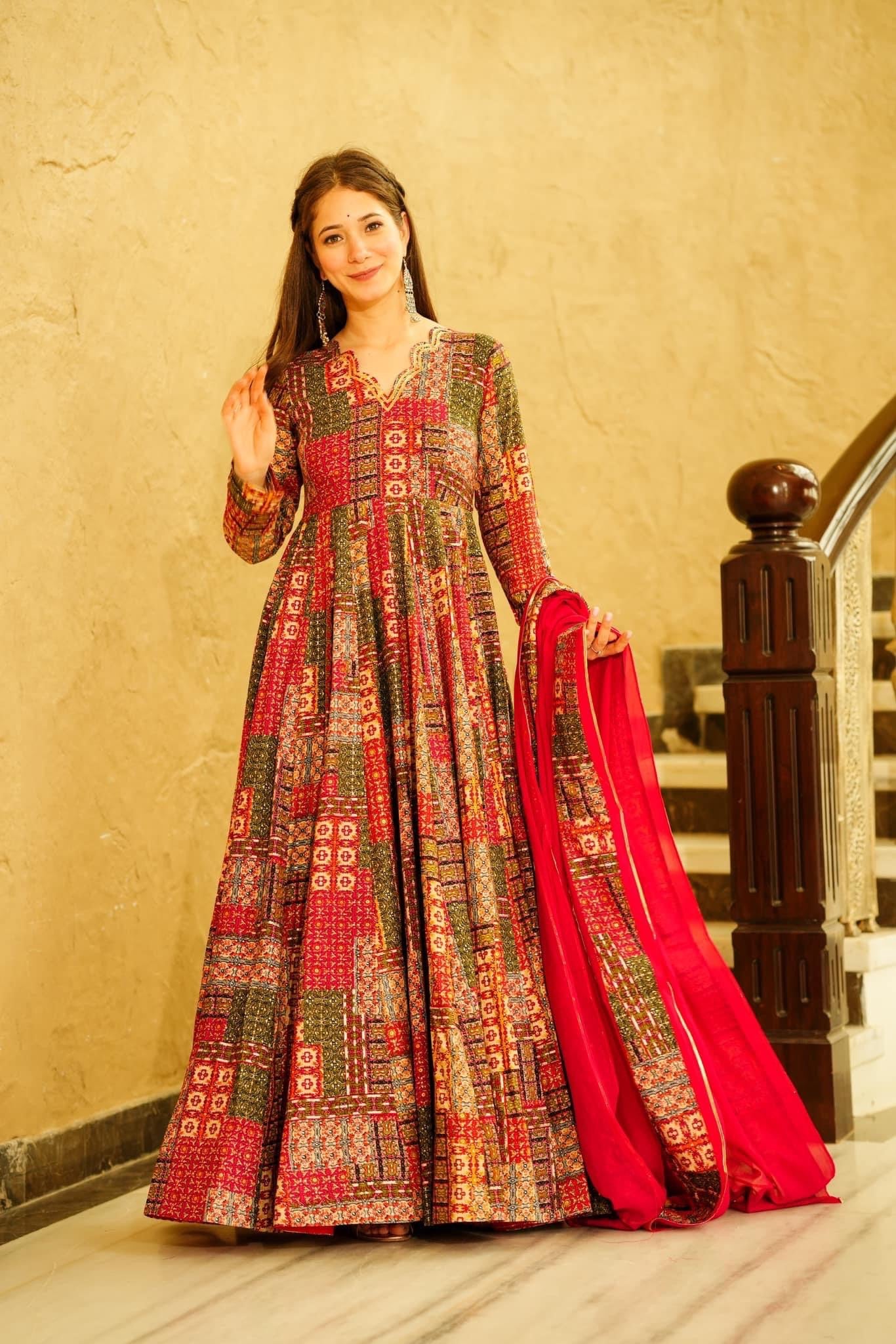 Beautiful Red Colour Heavy Maslin Cotton Digital Print With Gota Patti Lase Work Gown With Dupatta