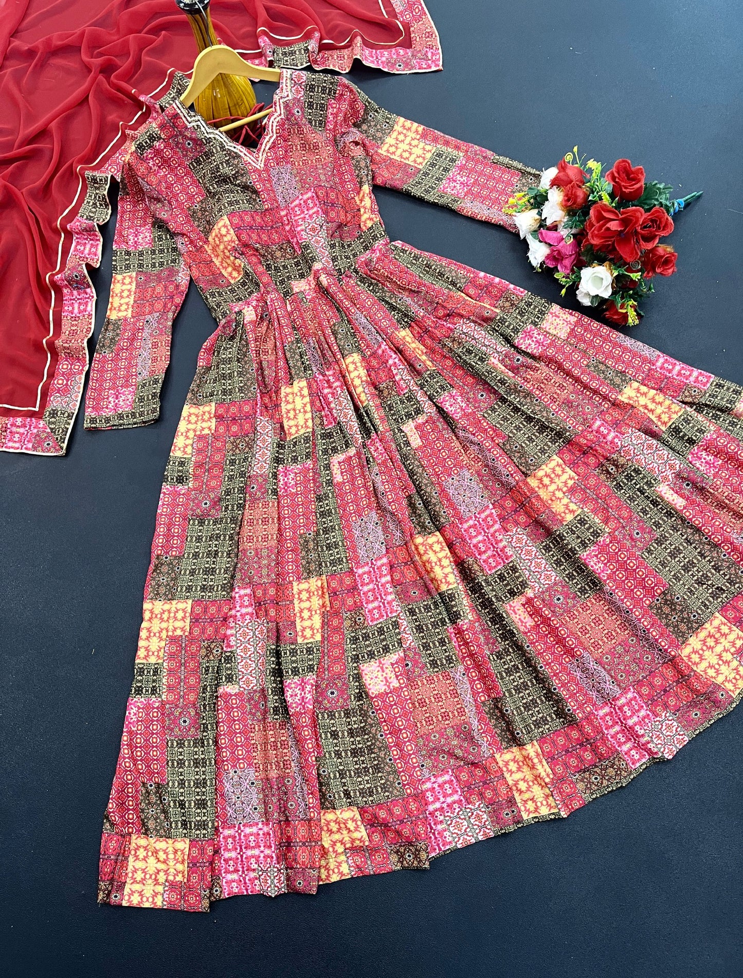 Beautiful Red Colour Heavy Maslin Cotton Digital Print With Gota Patti Lase Work Gown With Dupatta