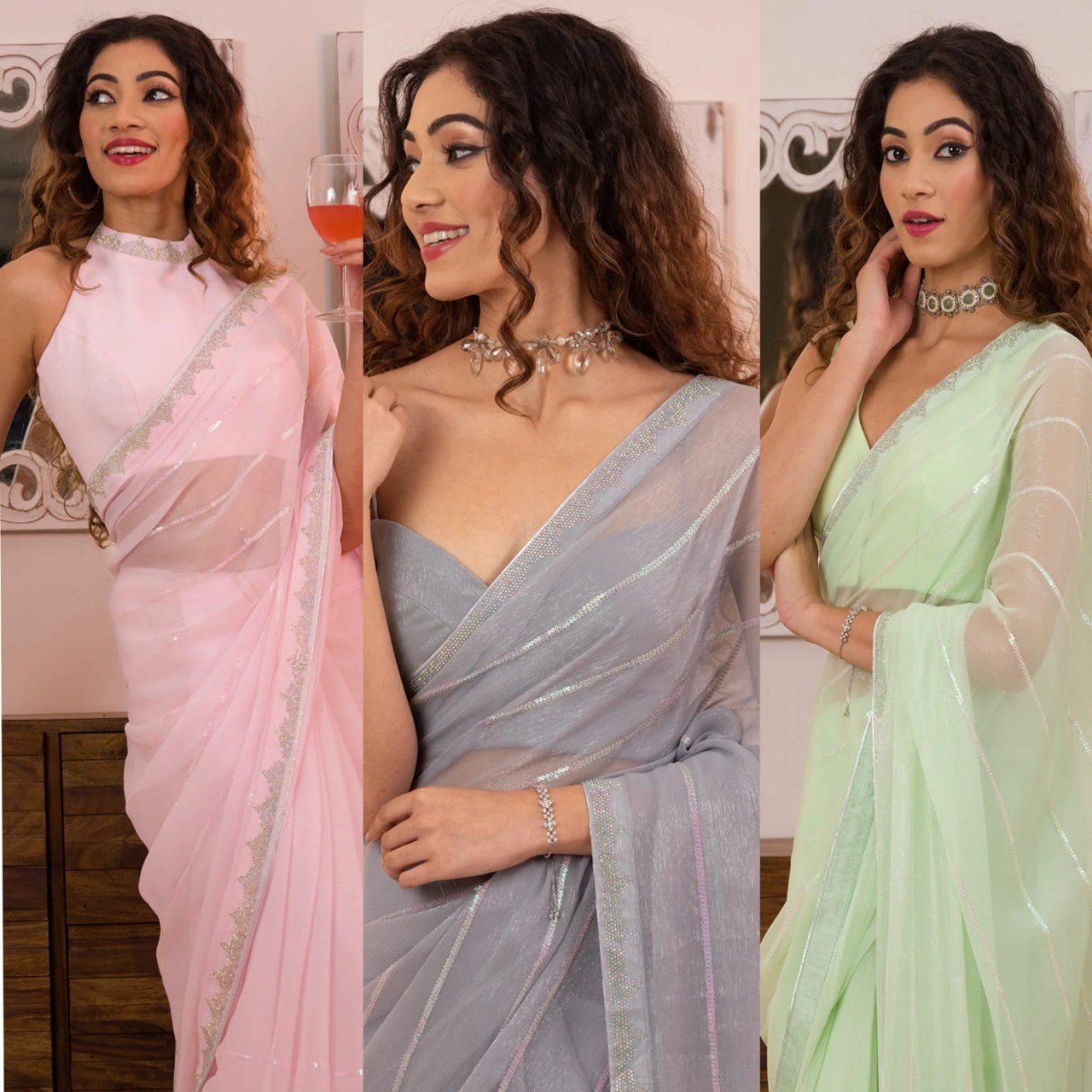Women's Fancy Thread Sequins With Siroski Design Shimmer Saree With Blouse Piece