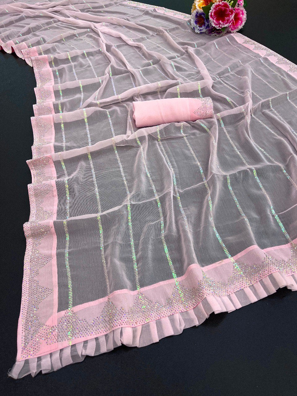 Women's Fancy Thread Sequins With Siroski Design Shimmer Saree With Blouse Piece