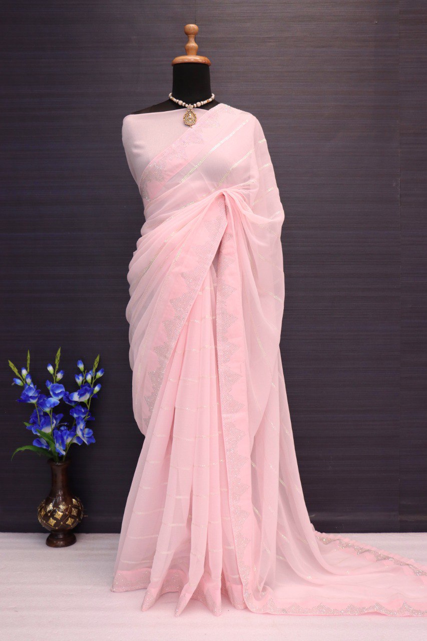 Women's Fancy Thread Sequins With Siroski Design Shimmer Saree With Blouse Piece