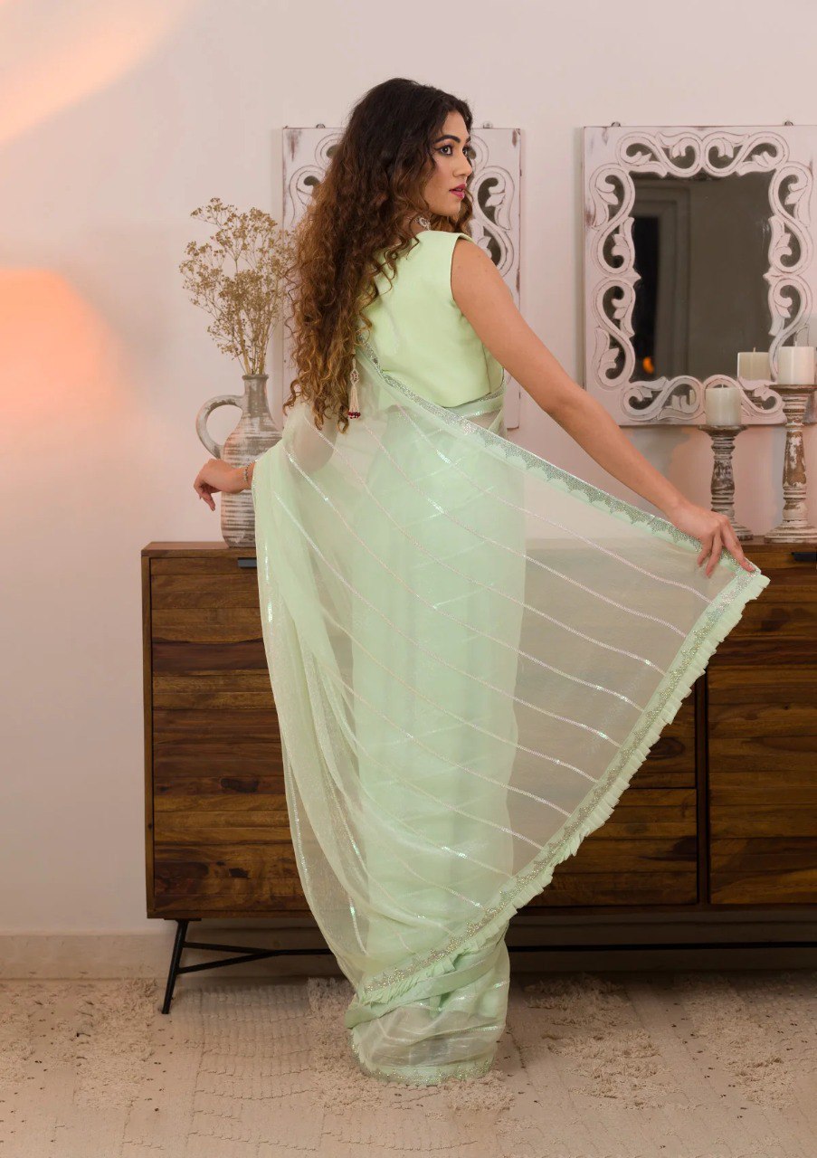 Women's Fancy Thread Sequins With Siroski Design Shimmer Saree With Blouse Piece