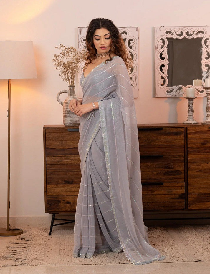 Women's Fancy Thread Sequins With Siroski Design Shimmer Saree With Blouse Piece