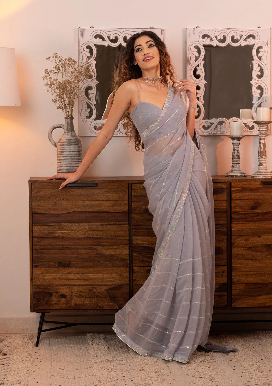 Women's Fancy Thread Sequins With Siroski Design Shimmer Saree With Blouse Piece
