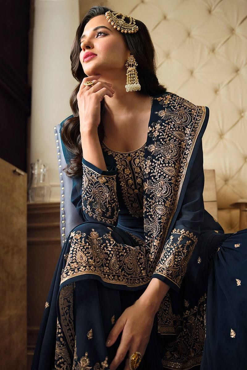 Blue Faux Georgette Stitched Top Bottom and Dupatta Long Sleeve Embroidered A-line Kurti