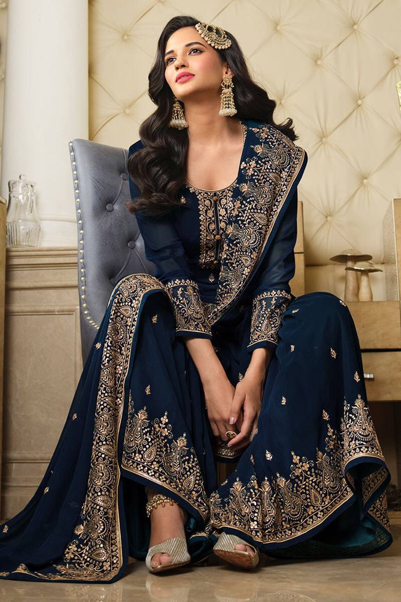 Blue Faux Georgette Stitched Top Bottom and Dupatta Long Sleeve Embroidered A-line Kurti